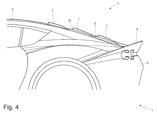 02222022 Ferrari Patent Car provided with a rear spoiler and with a movable deflector panel to adjust the action of the rear spoiler 2 02222022 Ferrari Patent Car provided with a rear spoiler and with a movable deflector panel to adjust the action of the rear spoiler 2